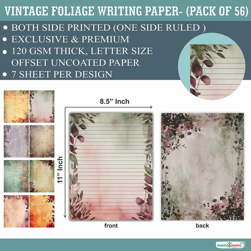 PARTH IMPEX 56 Sheets Vintage Lined Writing Paper 8.5x11 - Letter Size Ruled Stationery Rustic Old Looking Letterhead Printer Paper - 120gsm Thick Decorative Colored Antique Aged Foliage Design - Image 2